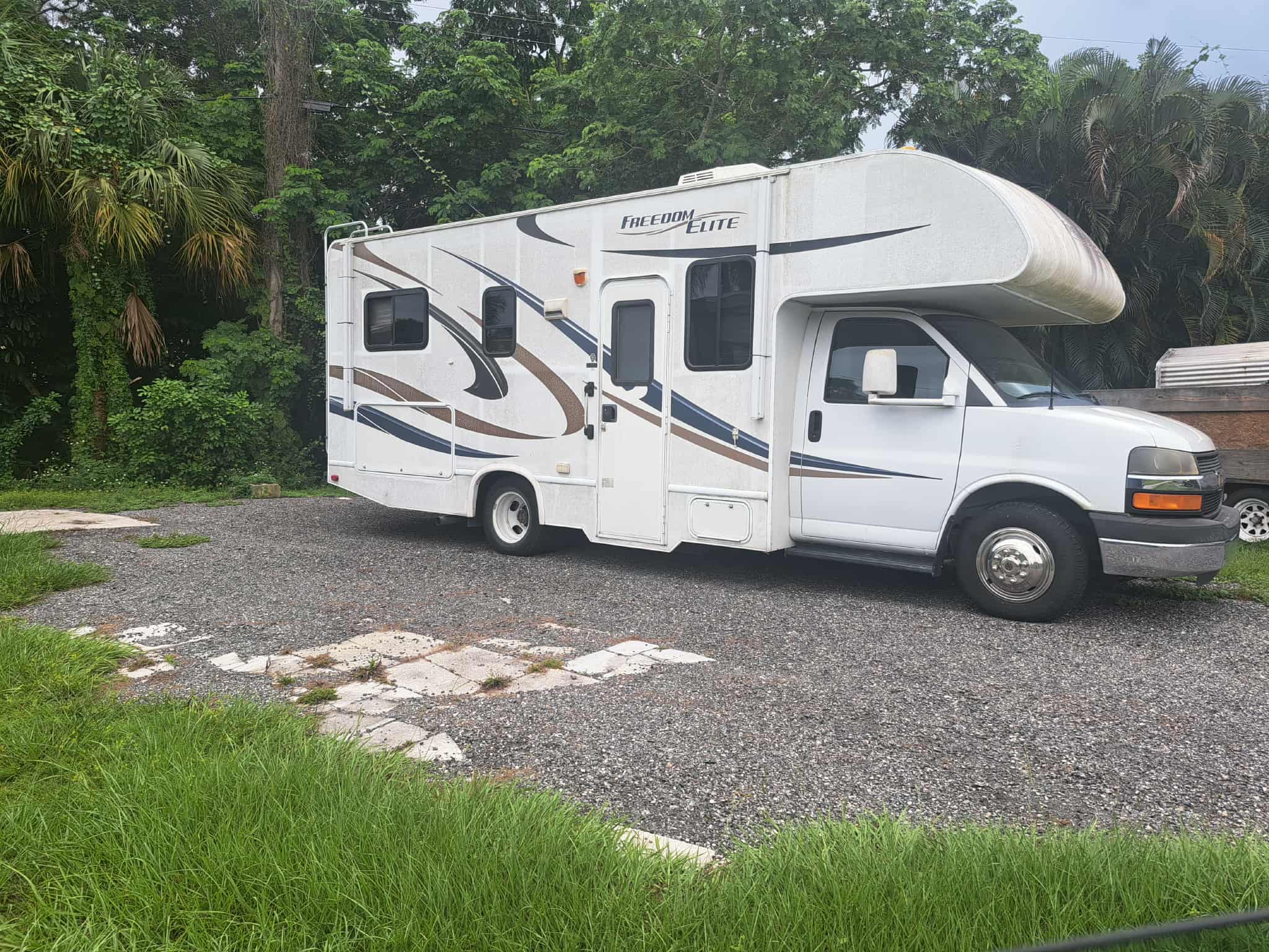 Class C motorhome on RV site with full hookups